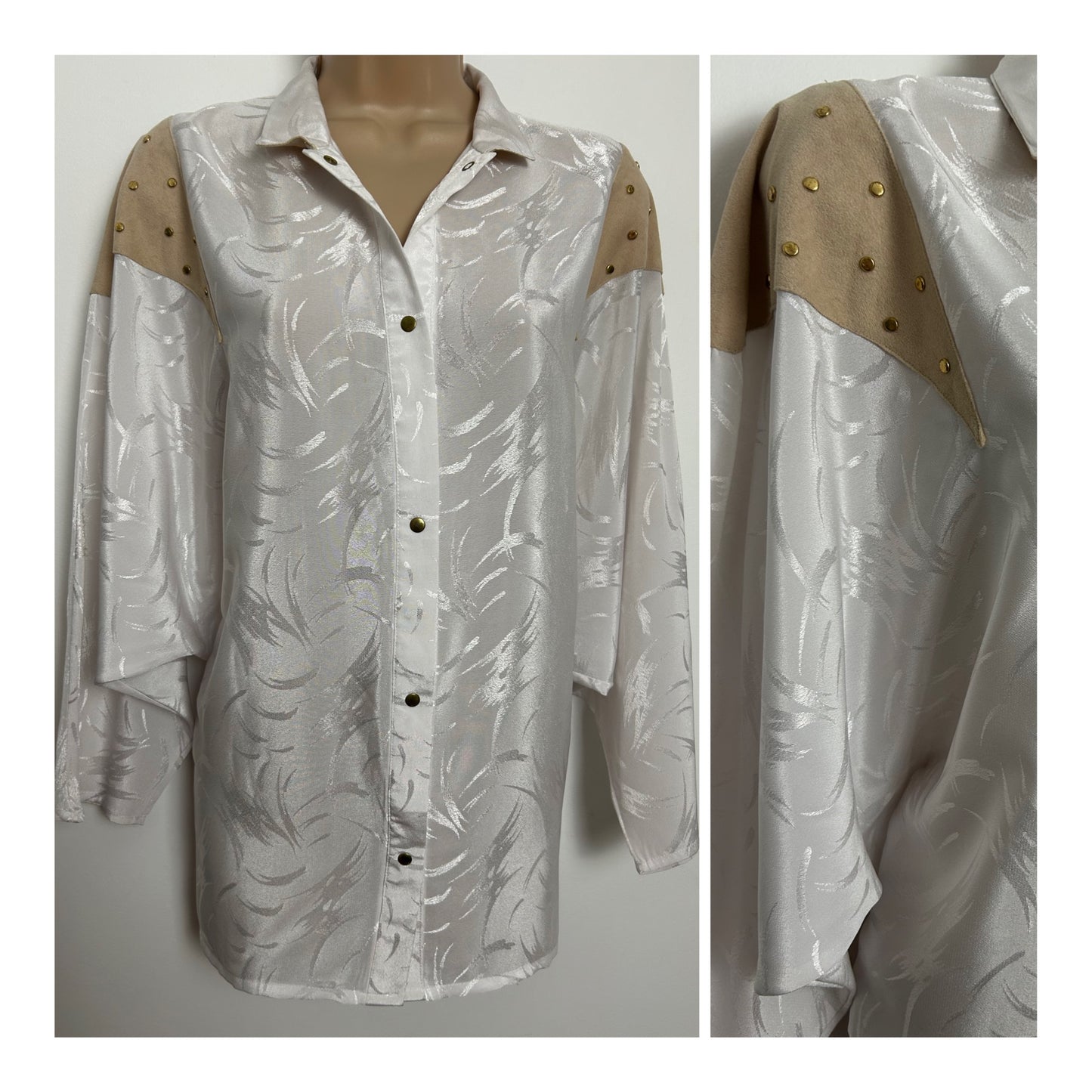 Vintage 1980s FAZH LONDON Size 10 White & Beige Stud Detail 3/4 Bat Wing Oversize Blouse/Shirt