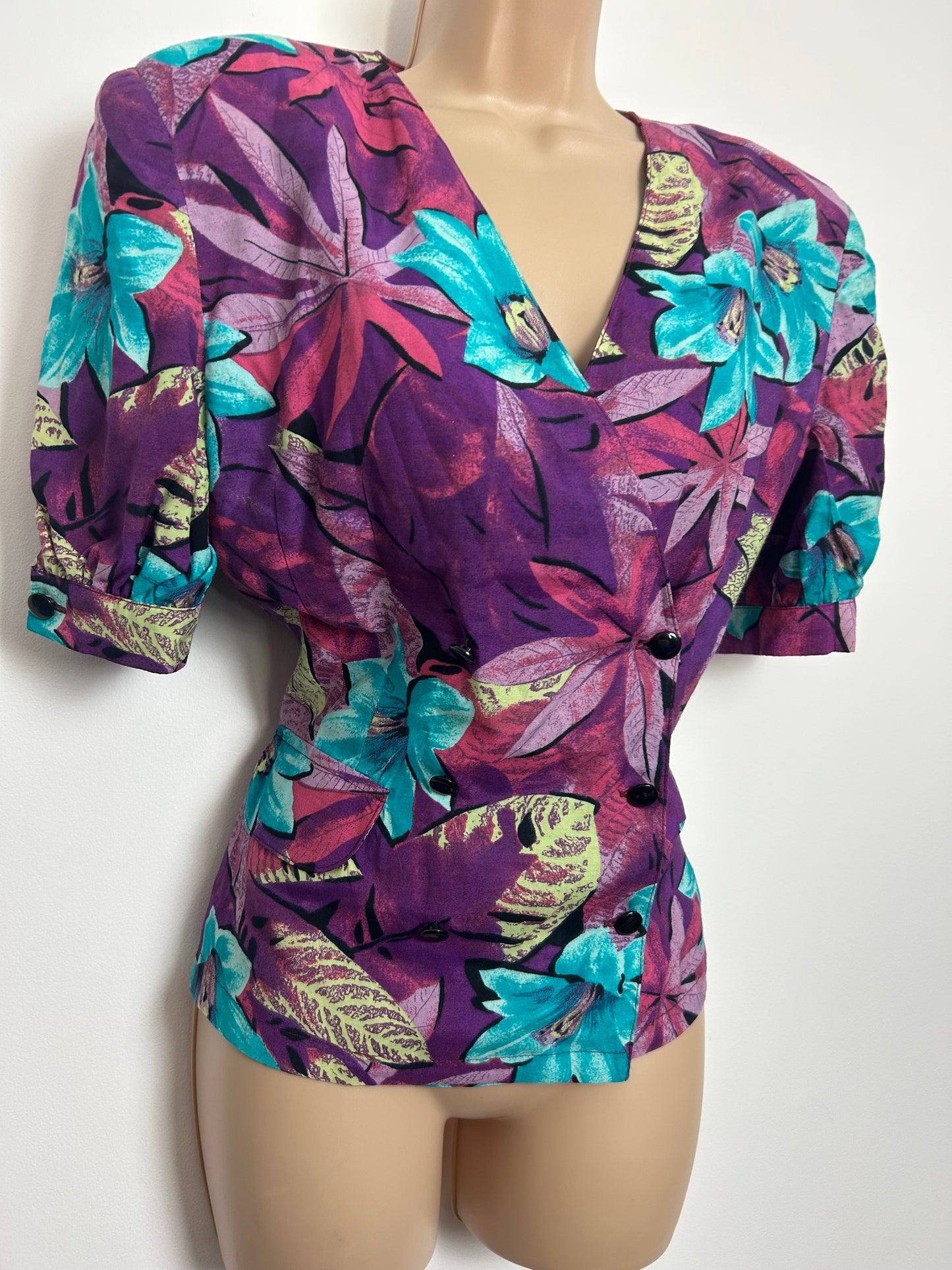 Vintage 1980s Italian Size 12 Purple & Turquoise Floral Print Short Sleeve Peplum Blouse/ Top