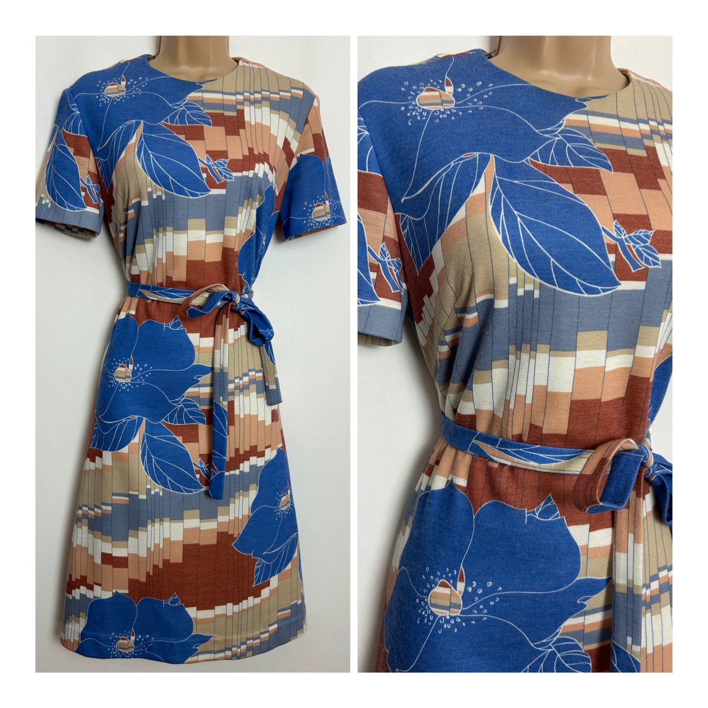 Vintage 1970s JORA MODELL Size 12 Blue Beige & Brown Geo & Floral Print Wool Mix Jersey Belted Day Dress