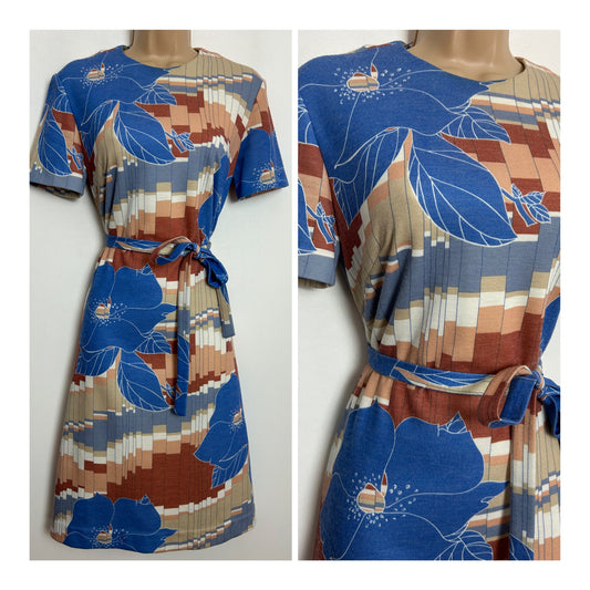 Vintage 1970s JORA MODELL Size 12 Blue Beige & Brown Geo & Floral Print Wool Mix Jersey Belted Day Dress