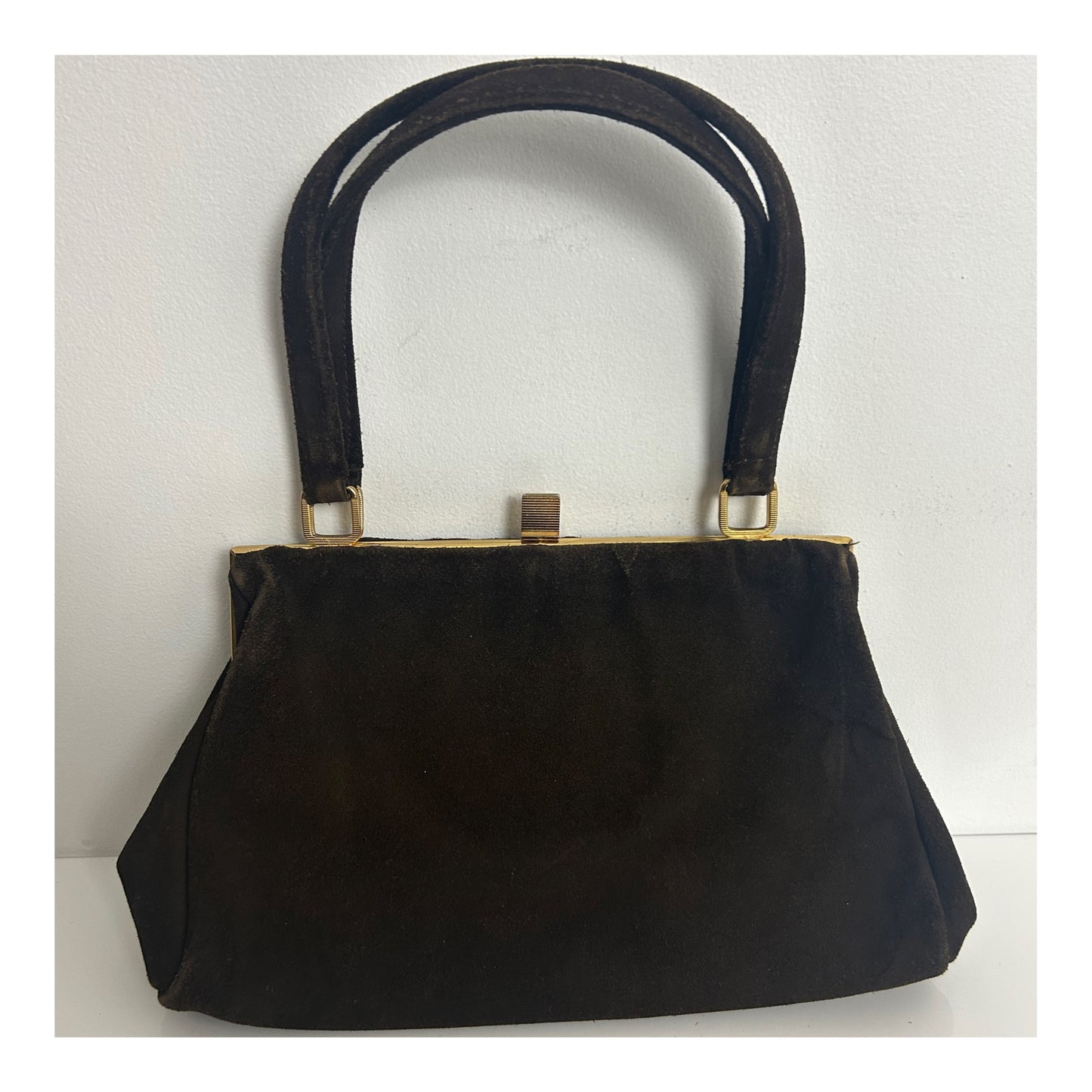 Vintage 1950s Dark Brown Suede Top Handle Handbag Made In London