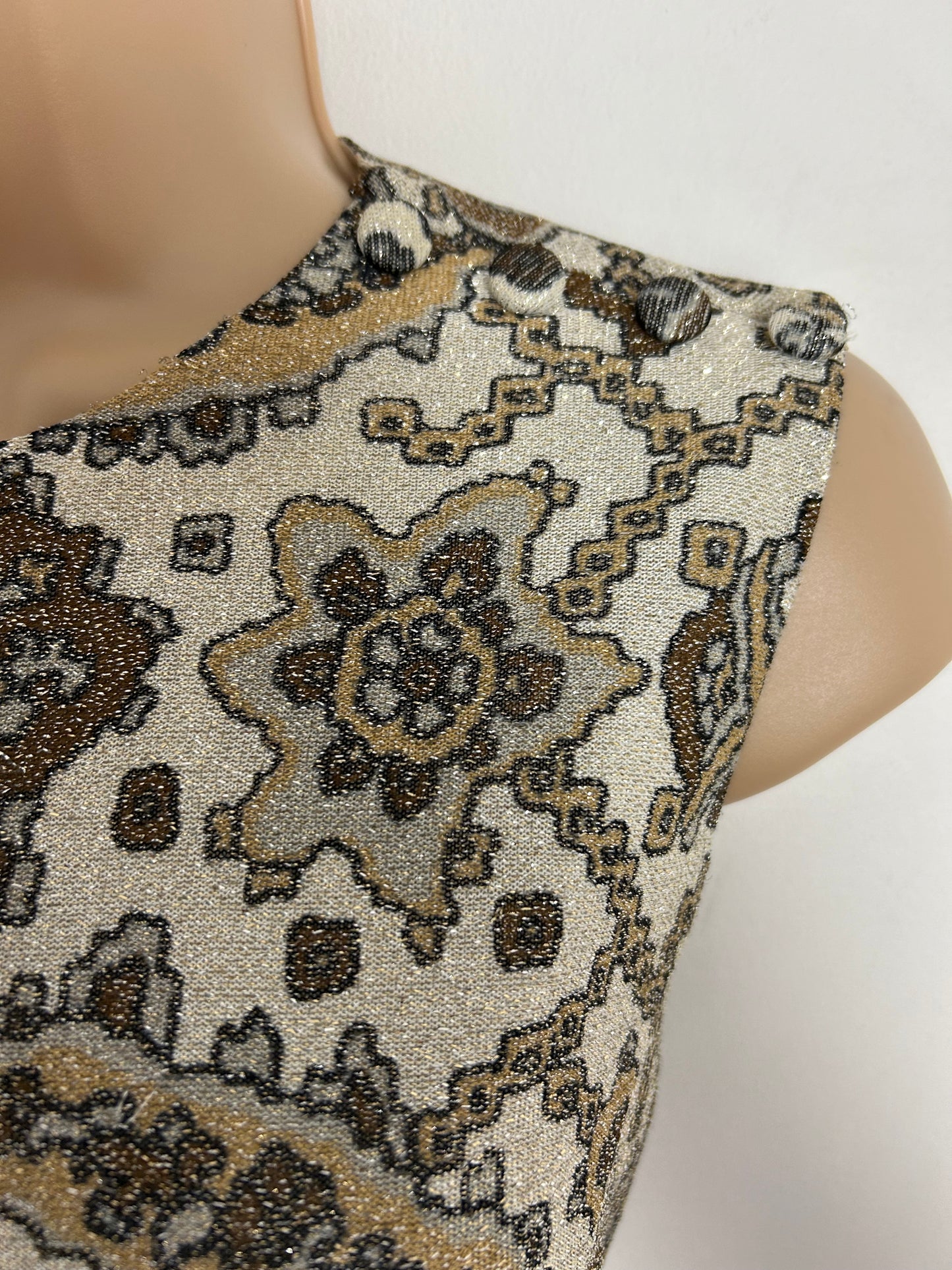 Vintage 1960s REMBRANDT UK Size 10 Beige Sand Brown & Metallic Abstract Floral Lurex Belted Mod Occasion Dress