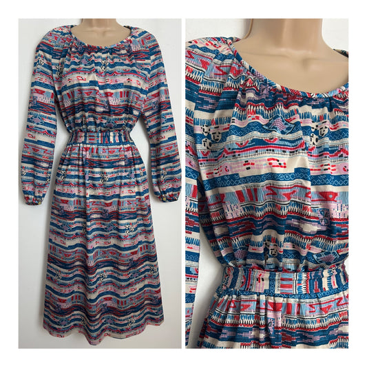 Vintage Late 1970s Size 12 Blue White Red & Pink Abstract Stripe Print Long Sleeve Belted Day Dress