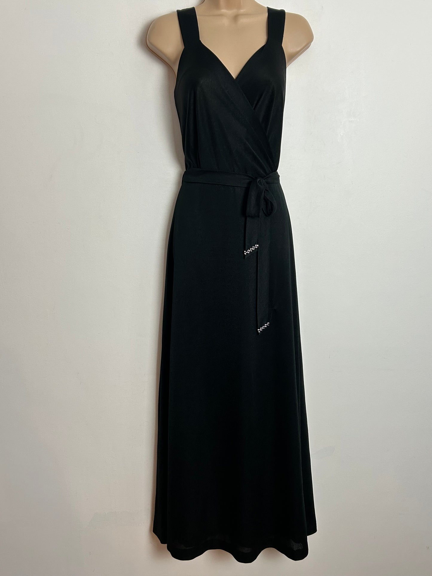 Vintage 1970s UK Size 12 Black Sweetheart Surplice Neck Belted Occasion Maxi Dress