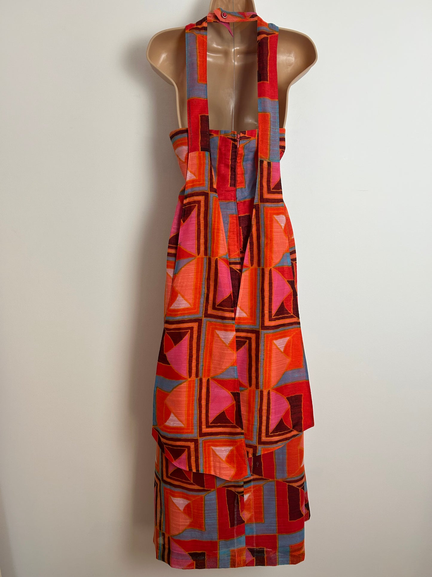 Vintage 1970s UK Size 14 Red Blue Orange & Black Geo Print Halterneck Belted Maxi Dress