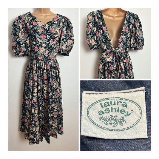 Vintage 1980s LAURA ASHLEY Size 14 (Size 16 On Label) Dark Navy Pink & Green Floral Print Midi Dress