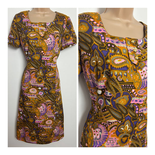 Vintage 1960s FREDRICK HOWARD Size 14-16 Orange Brown Pink & Purple Psychedelic Paisley Mod Shift Dress