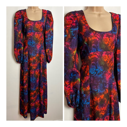 Vintage 1970s UK Size 10 Plum Purple Blue & Neon Orange Floral Print Long Sleeve Maxi Dress