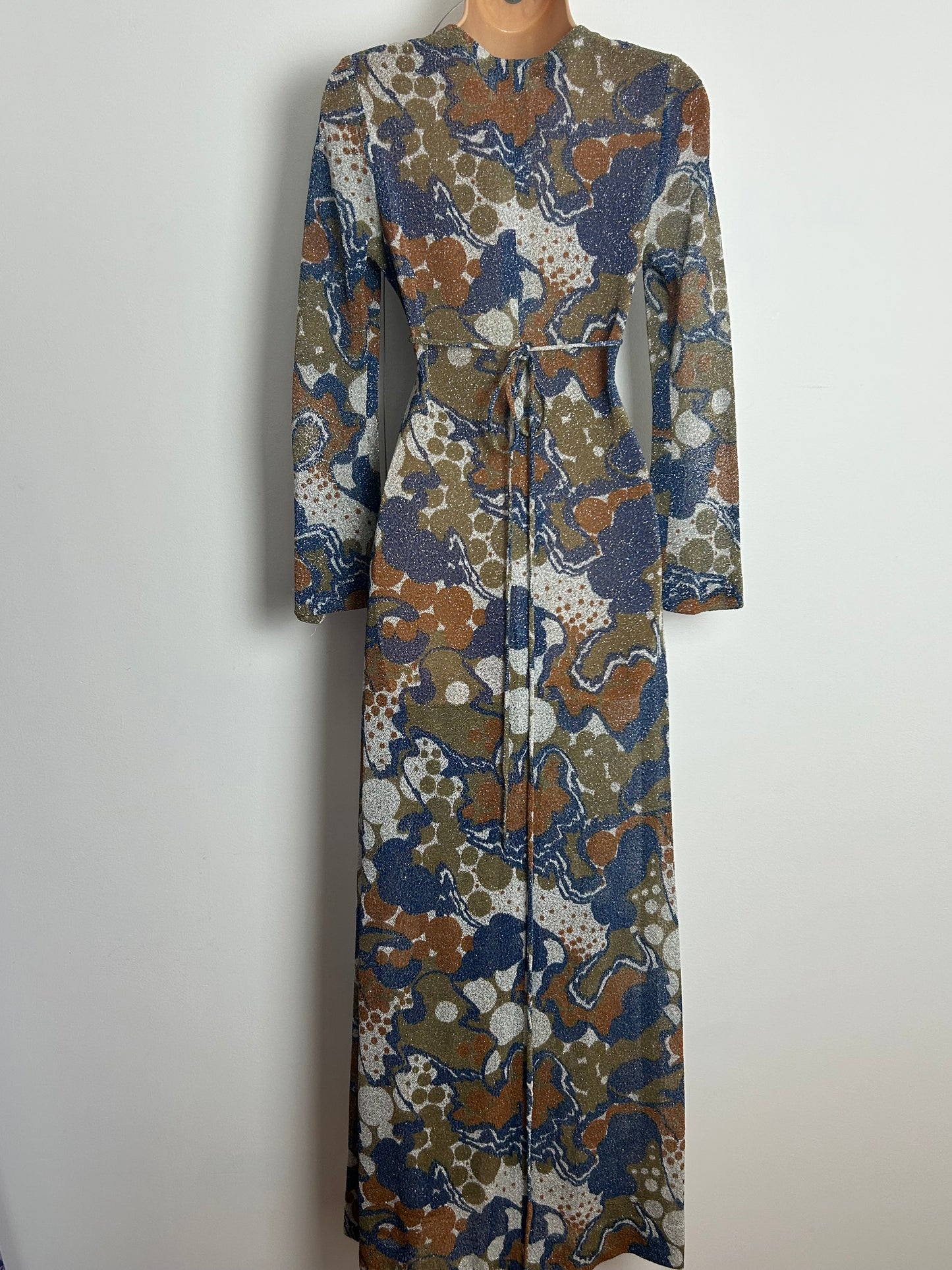 Vintage 1970s SKIVA Size 8 Blue & Brown Tones Abstract Print Lightweight Lurex Criss Cross Tie Fastening Maxi Dress