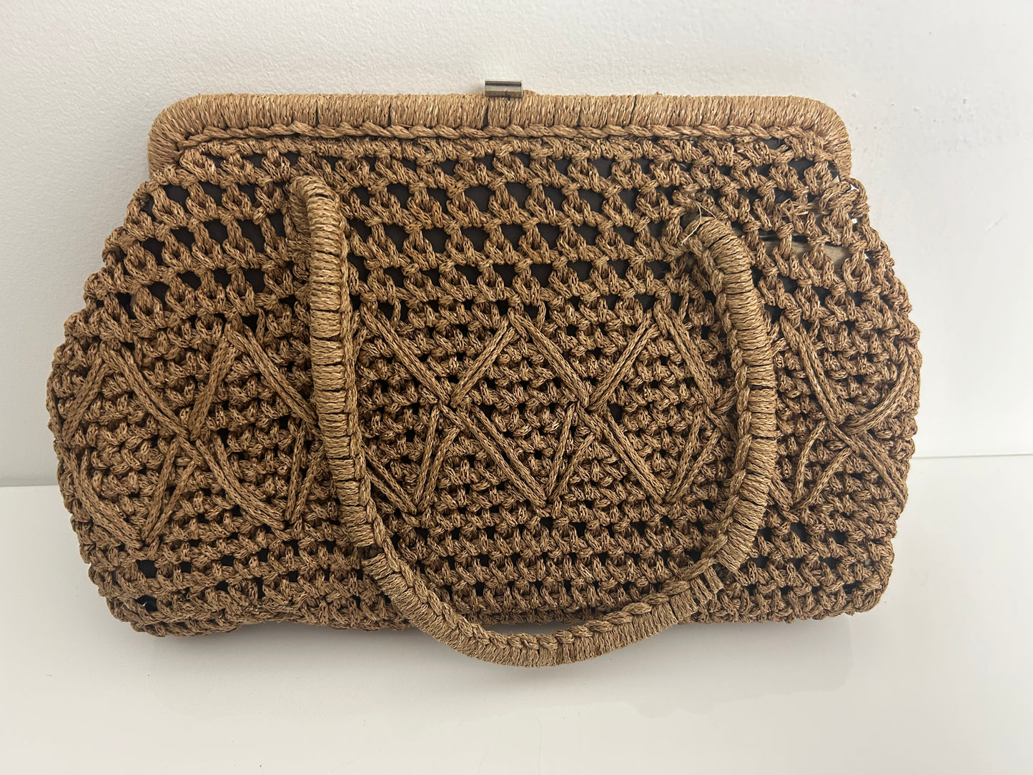 Vintage Late 1950s Pale Brown Woven Raffia Style Double Handle Handbag