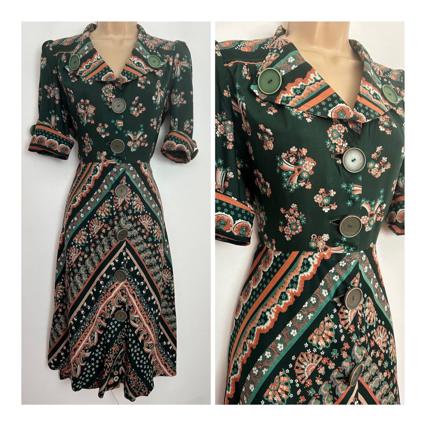 Vintage 1970s LOUIS CARING UK Size 10 Dark Green & Terracotta Floral Print Chunky Button Detail Fit & Flare Dress