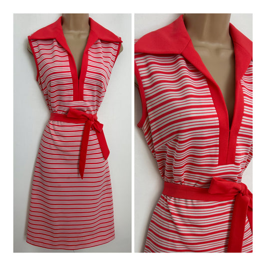 Vintage 1970s Size 12-14 Dark Pink & White Stripe Print Sleeveless Belted Mod Dress