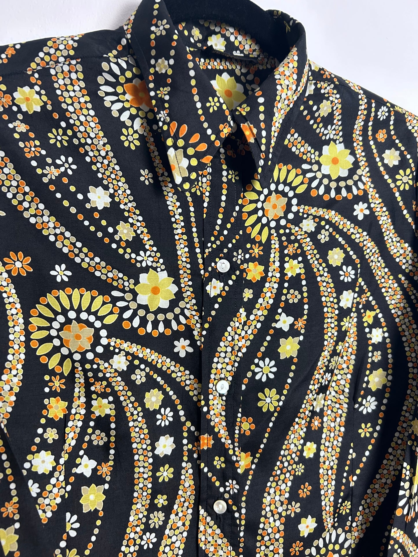 Vintage 1970s Designer FRANCK OLIVIER UK Size 10 100% SILK Black Orange Yellow & White Spot & Flower Print Long Sleeve Shirt
