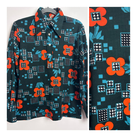Vintage 1970s UK Size 12-14 Dark Teal & Orange Geo & Floral Print Long Sleeve Shirt