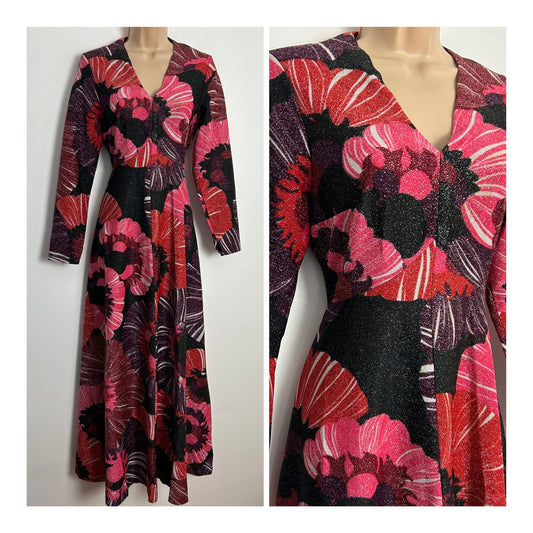 Vintage 1970s UK Size 8 Gorgeous Black Burnt Orange Pink & Purple Floral Lurex Print Long Sleeve Maxi Dress