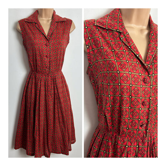 Vintage 1960s ORIGINAL-LANZ SALZBURG Size 8-10 Red & Brown Check Geo Print Sleeveless Cotton Pleated Day Dress
