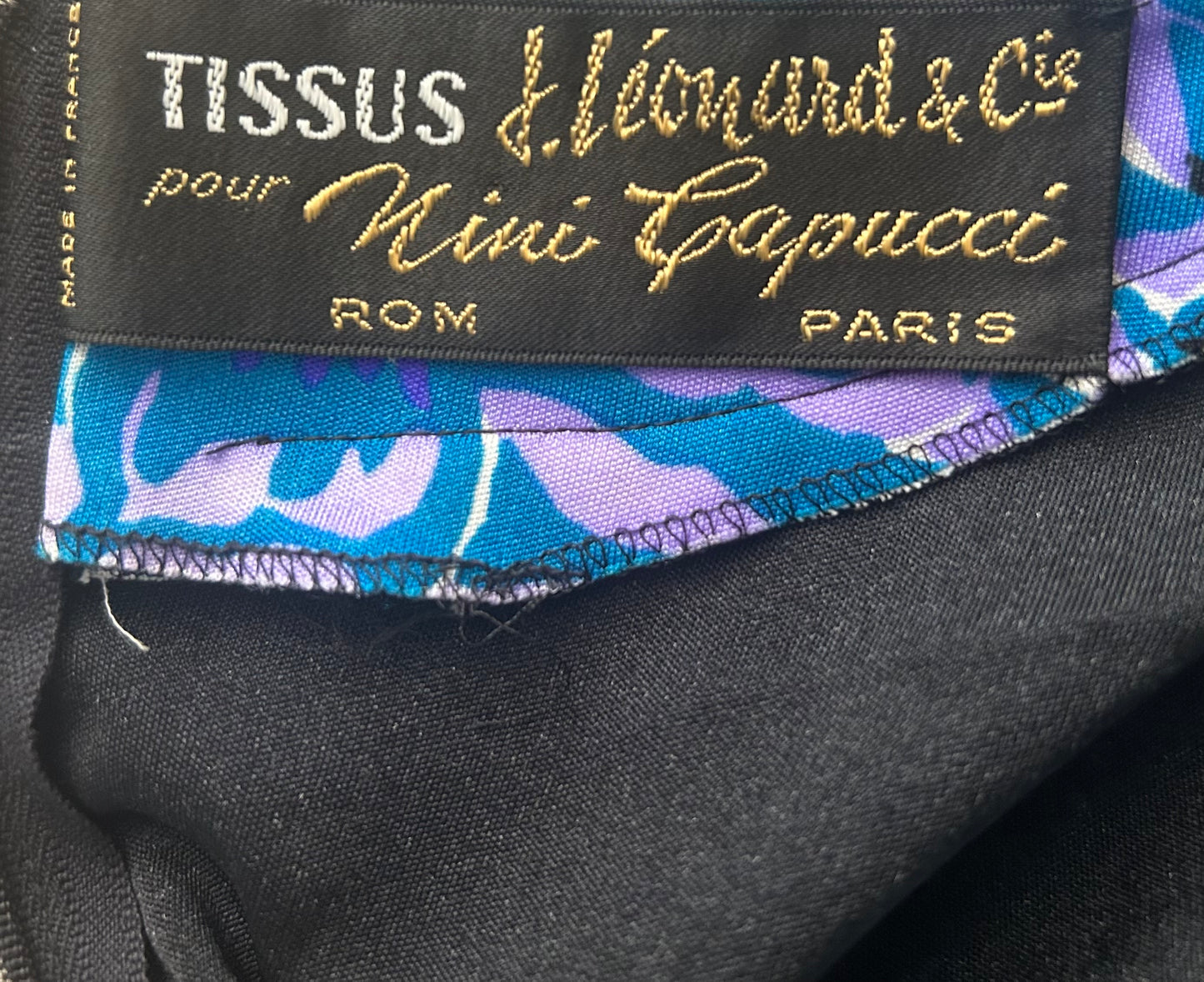 Vintage 1970s J. LEONARD ET CIE For NINI CAPUCCI Size 10-12 Black Blue & Green Floral Print Long Sleeve Belted Maxi Dress