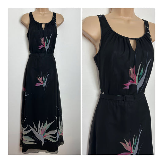 Vintage 1970s MKA MODELL Size 8 Black Floral Leafy Print Belted Chiffon Summer Maxi Dress