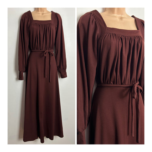 Vintage 1970s WAVE LENGTH UK Size 12 Chestnut Brown Long Sleeve Belted Boho Maxi Dress