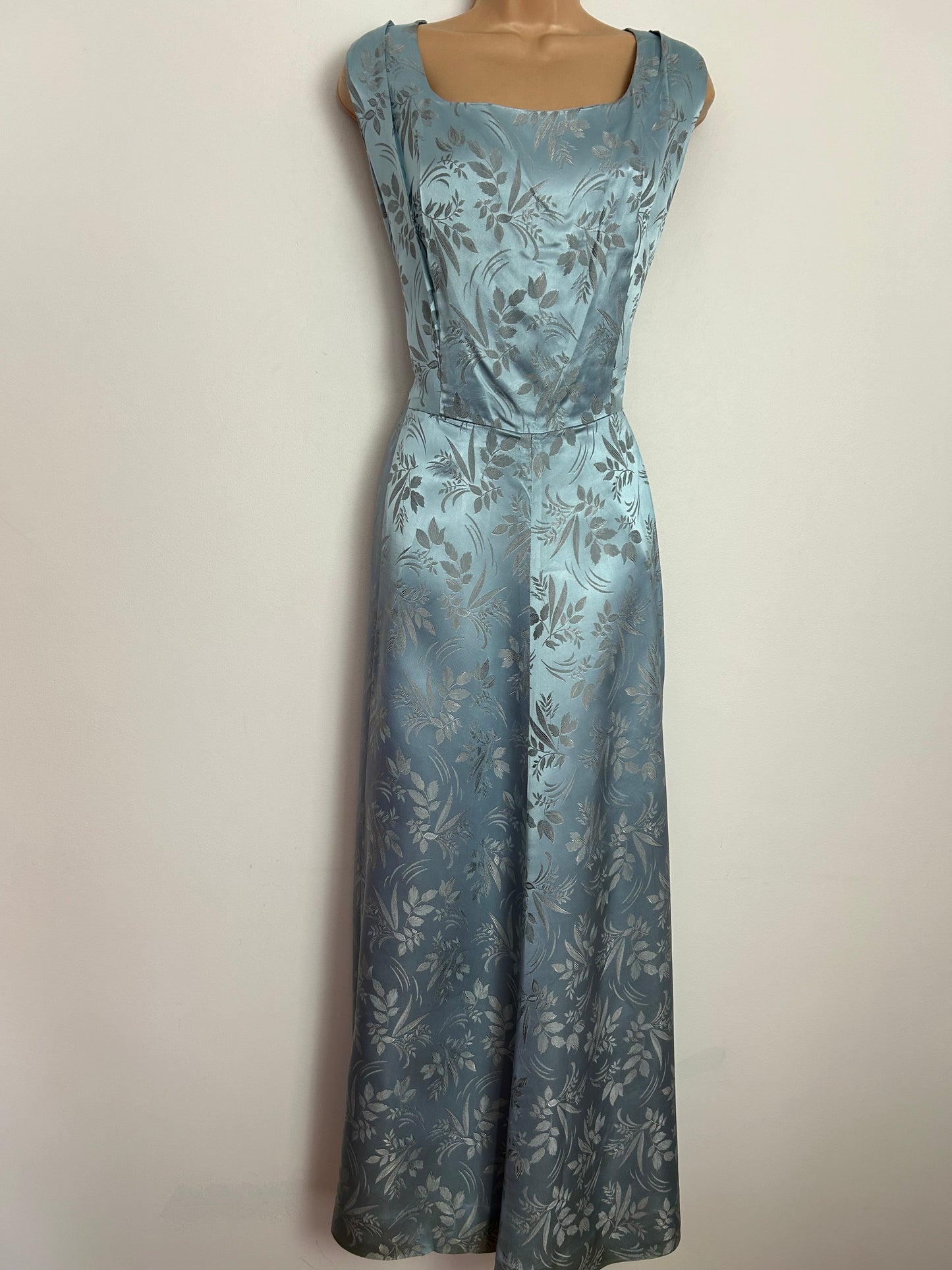 Vintage Early 1950s "O.Slender" Model UK Size 14-16 Beautiful Pale Blue Leaf Pattern Jacquard Occasion Maxi Dress