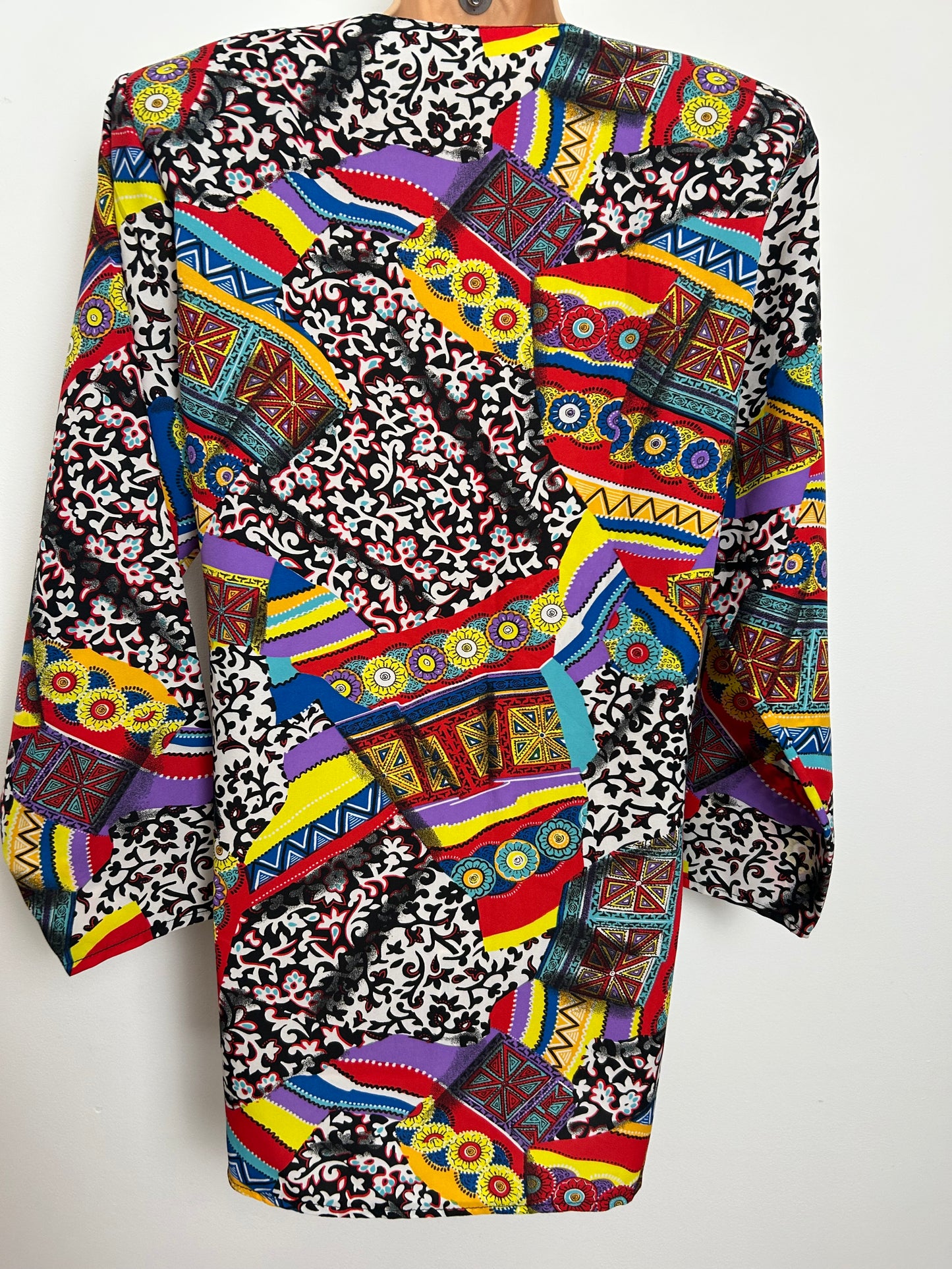 Vintage 1980s Size 12-14 Black Red Yellow Blue & Purple Abstract Print Long Sleeve Pocket Detail Shirt