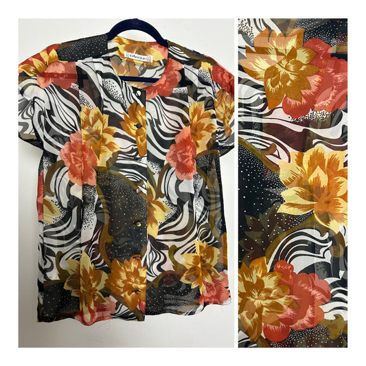 Vintage 1980s HARDOB Size 12 Black White Dark Red & Brown Zebra & Floral Print Short Sleeve Blouse