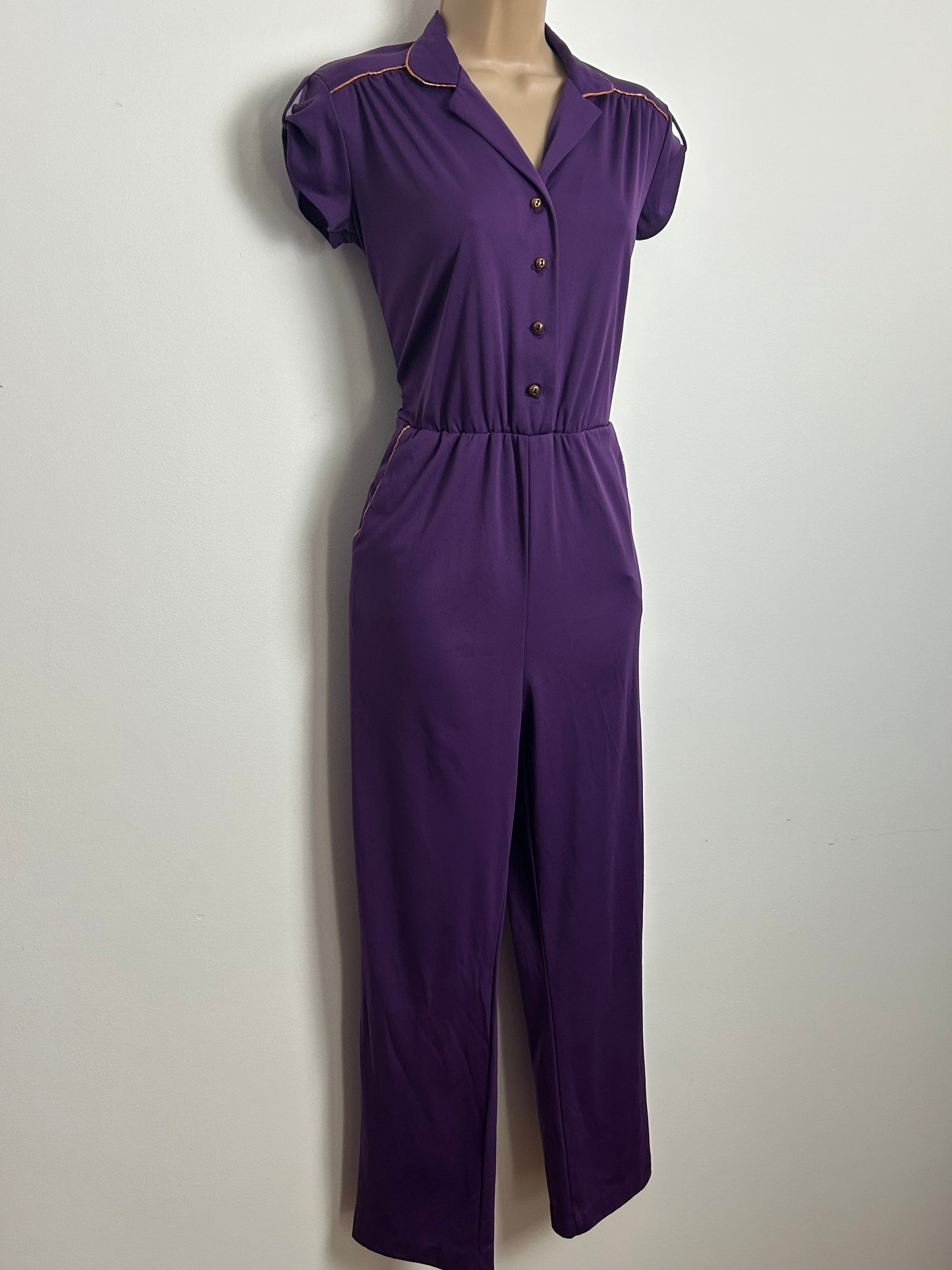Vintage Early 1980s J.C Penney Purple & Bronze Piping Trim Straight Leg Jumpsuit