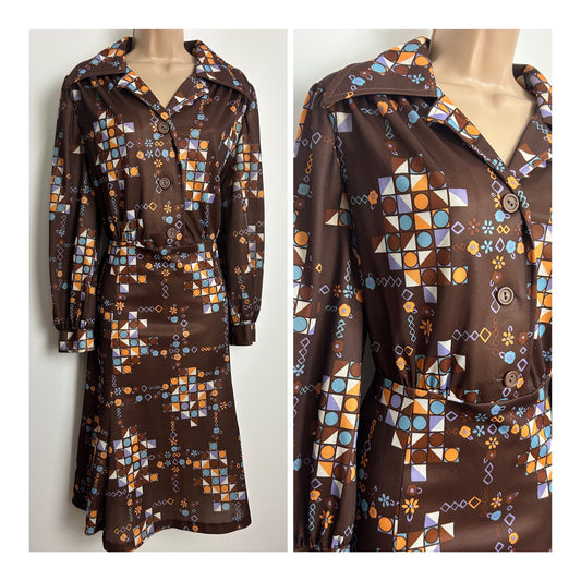 Vintage 1970s Size 14 Brown Orange Blue Lilac & White Abstract Geo Print Dress
