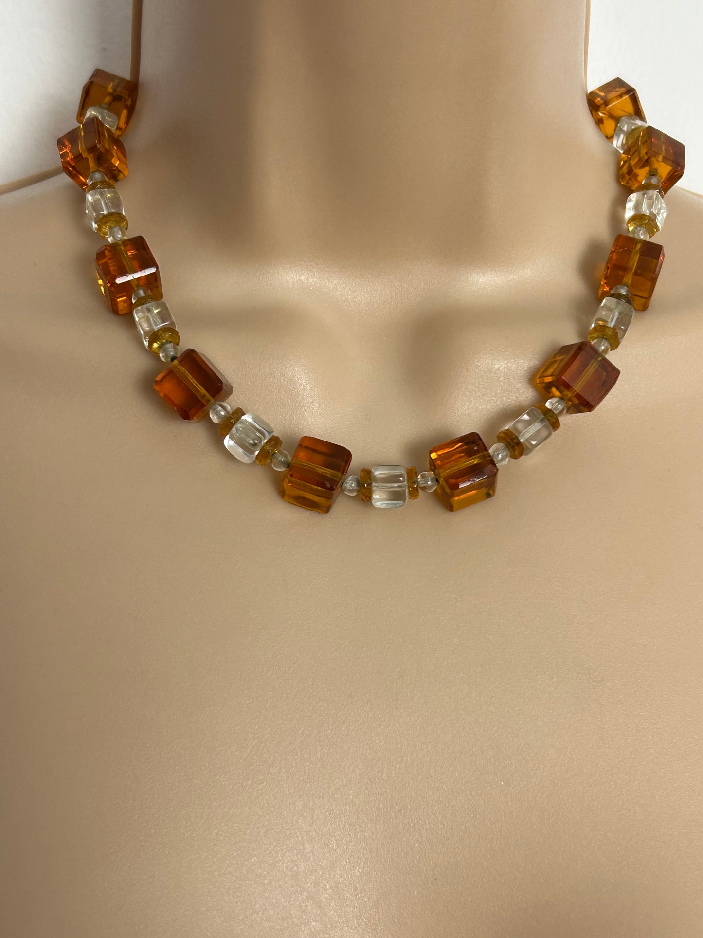 Vintage 1960s Amber Glass & Clear Glass Beaded Choker Necklace