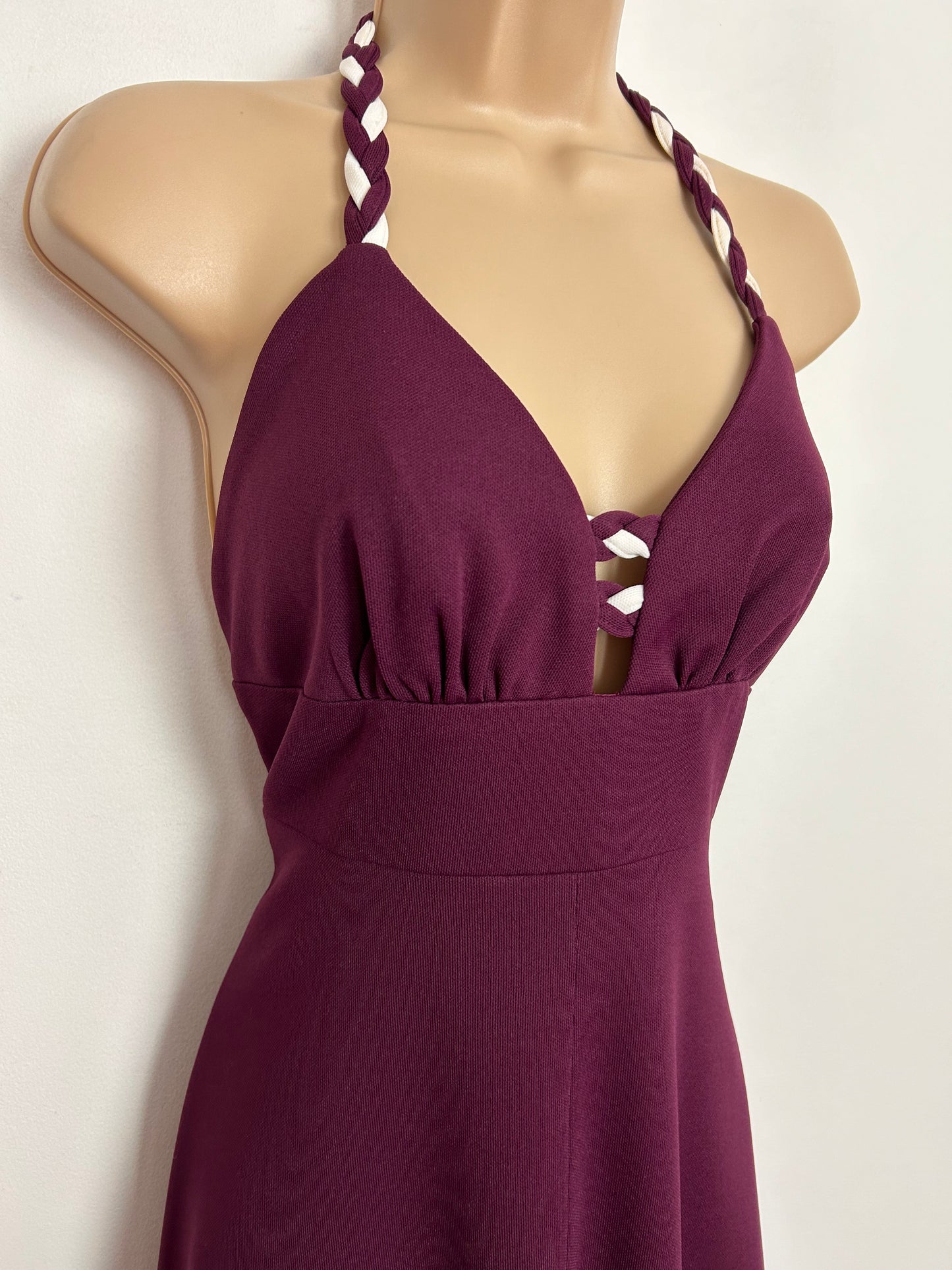 Vintage 1970s UK Size 8 PEGGY PAGE Plum Purple Plaited Halterneck Open Back Plunge Neck Summer Maxi Dress