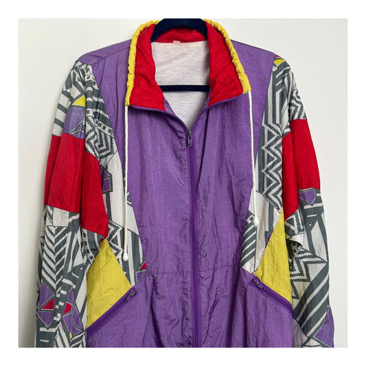 Vintage 1980s Size XL (Up to size 16) Lilac Red Yellow Grey & White Geo Print Shell Suit Jacket