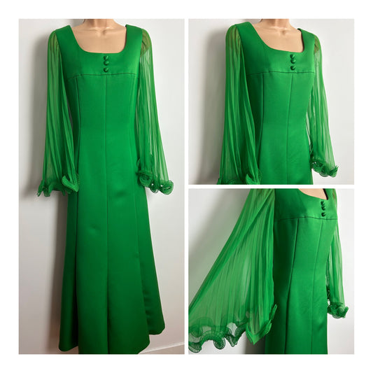 Vintage 1960s RADTKE & RADTKE Size 10 Green Long Flared Pleated Chiffon Sleeve Occasion Evening Maxi Dress