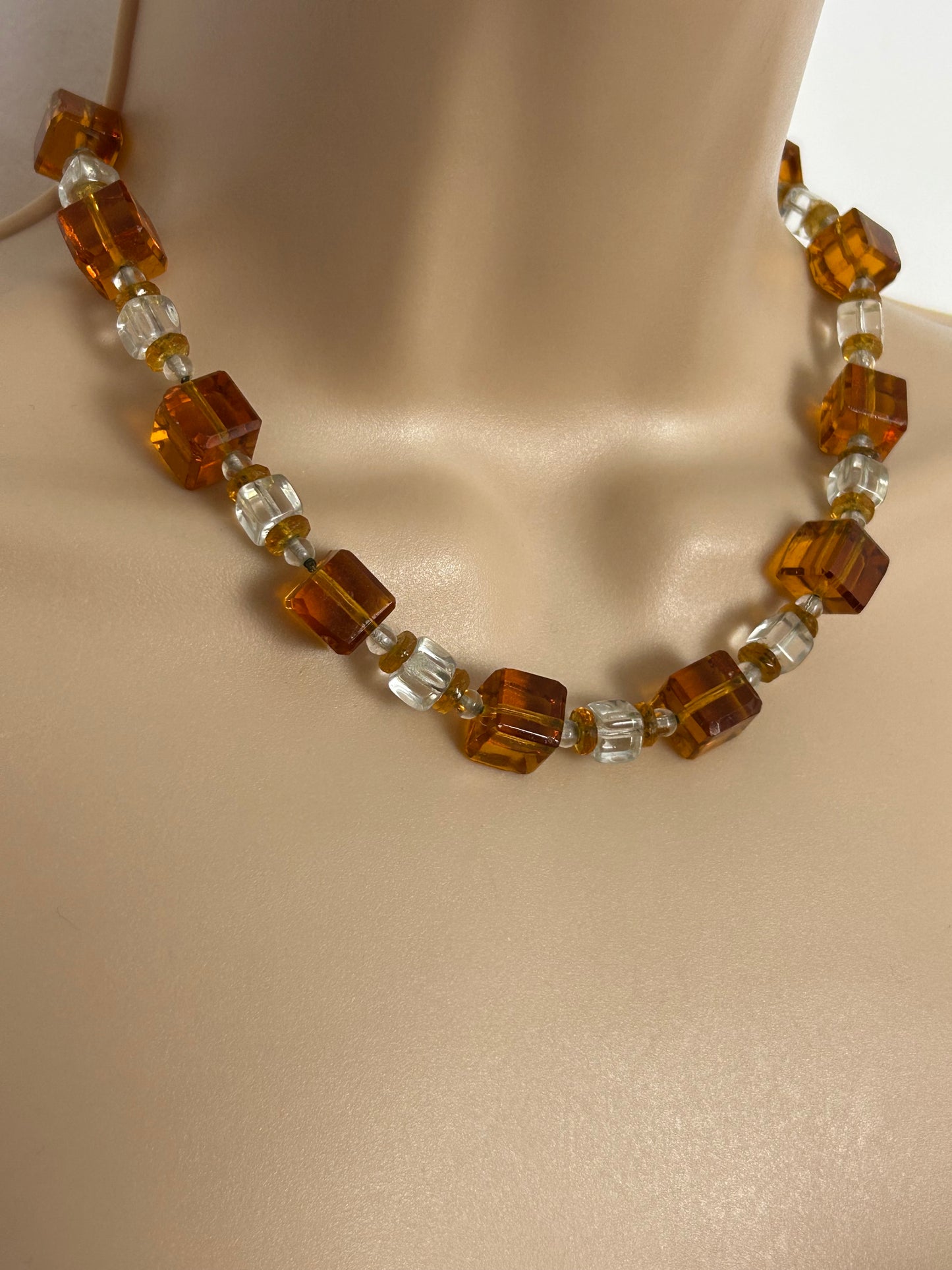 Vintage 1960s Amber Glass & Clear Glass Beaded Choker Necklace