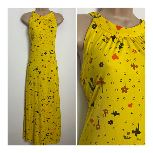 Vintage 1970s Size 6 Yellow Spot Floral & Heart Print Sleeveless Summer Maxi Dress