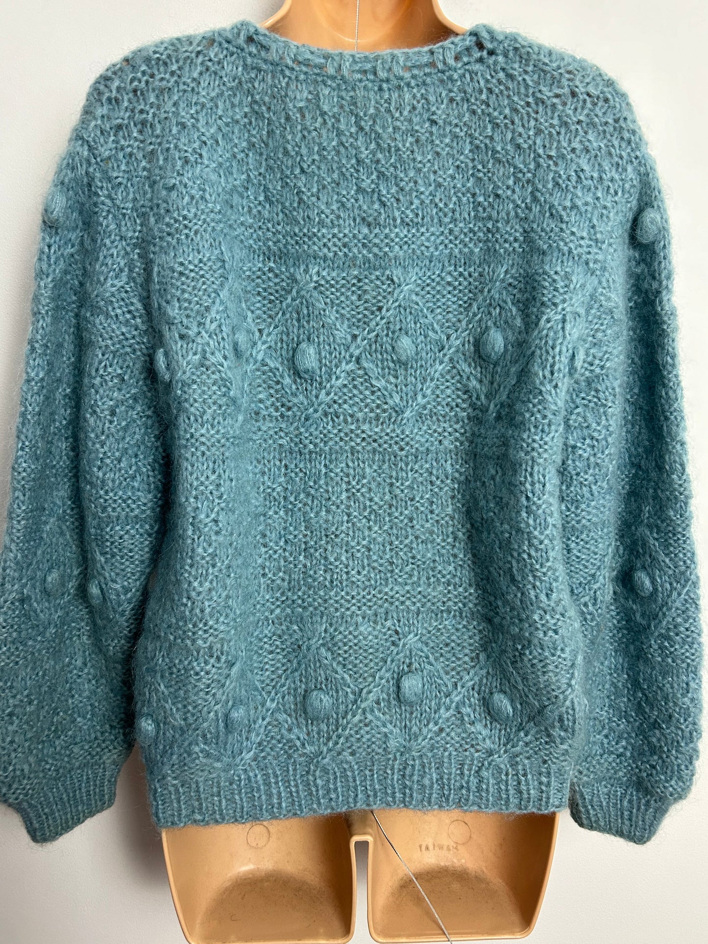 Vintage 1970s Up To Size 14 Duck Egg Blue Home Knitted Mohair Mix Pom Pom Tie Fastening Jumper