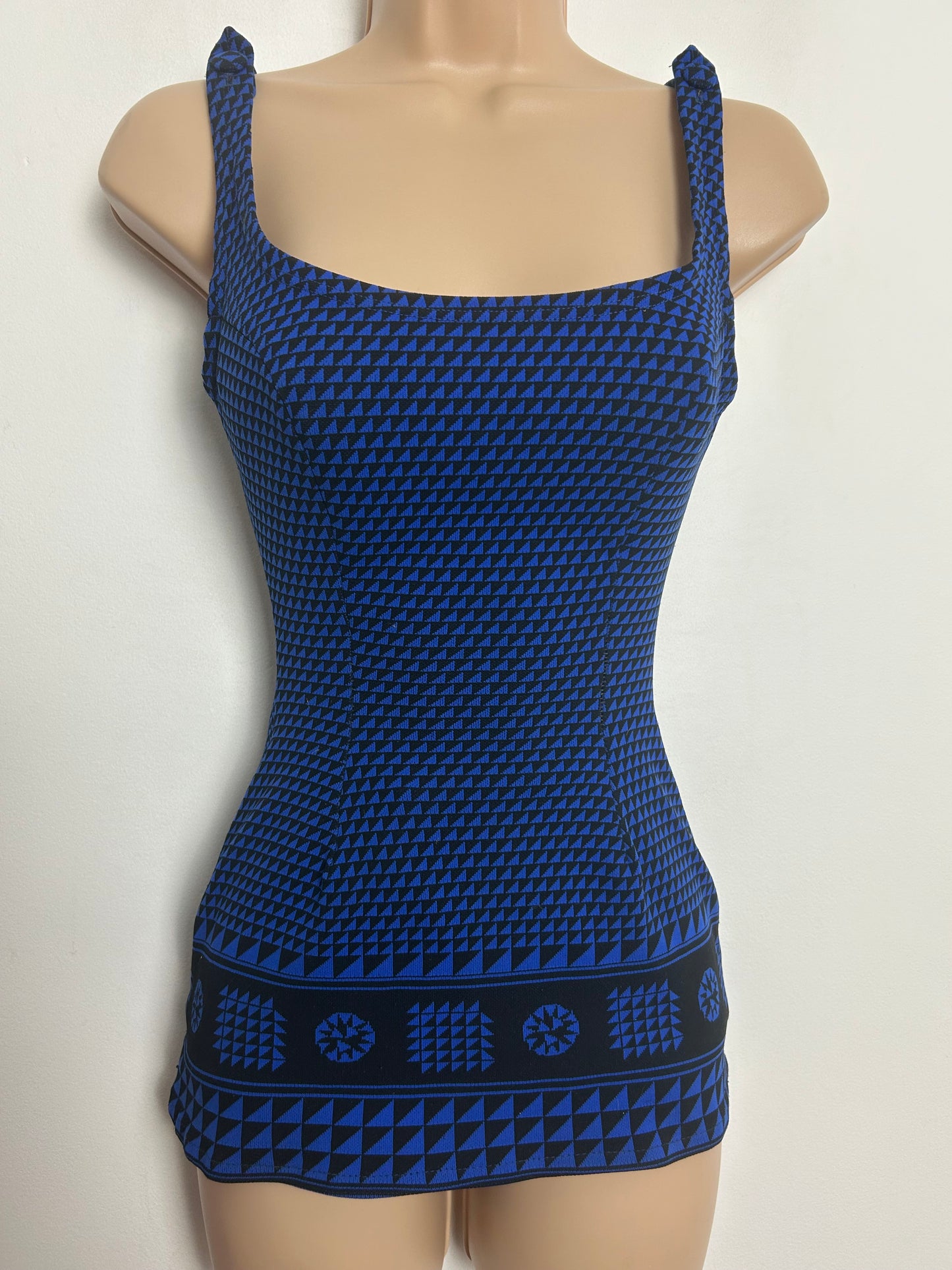 Vintage Late 1960s TROPIC Size 10-12 Dark Blue & Navy Geo Print Padded Skirted Swimsuit