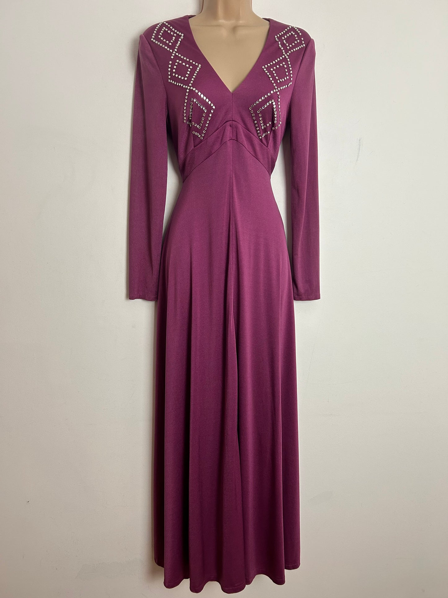 Vintage 1970s JOHN MARKS UK Size 8 Plum Purple Diamante Detail Long Sleeve Occasion Evening Maxi Dress