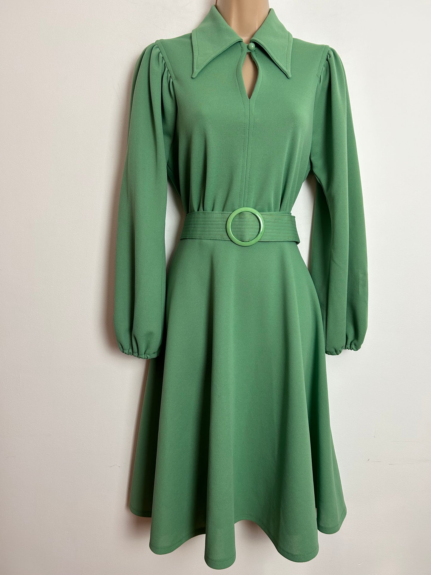 Vintage 1970s UK Size 12 Green Dagger Collar Long Sleeve Belted Fit & Flare Day Dress