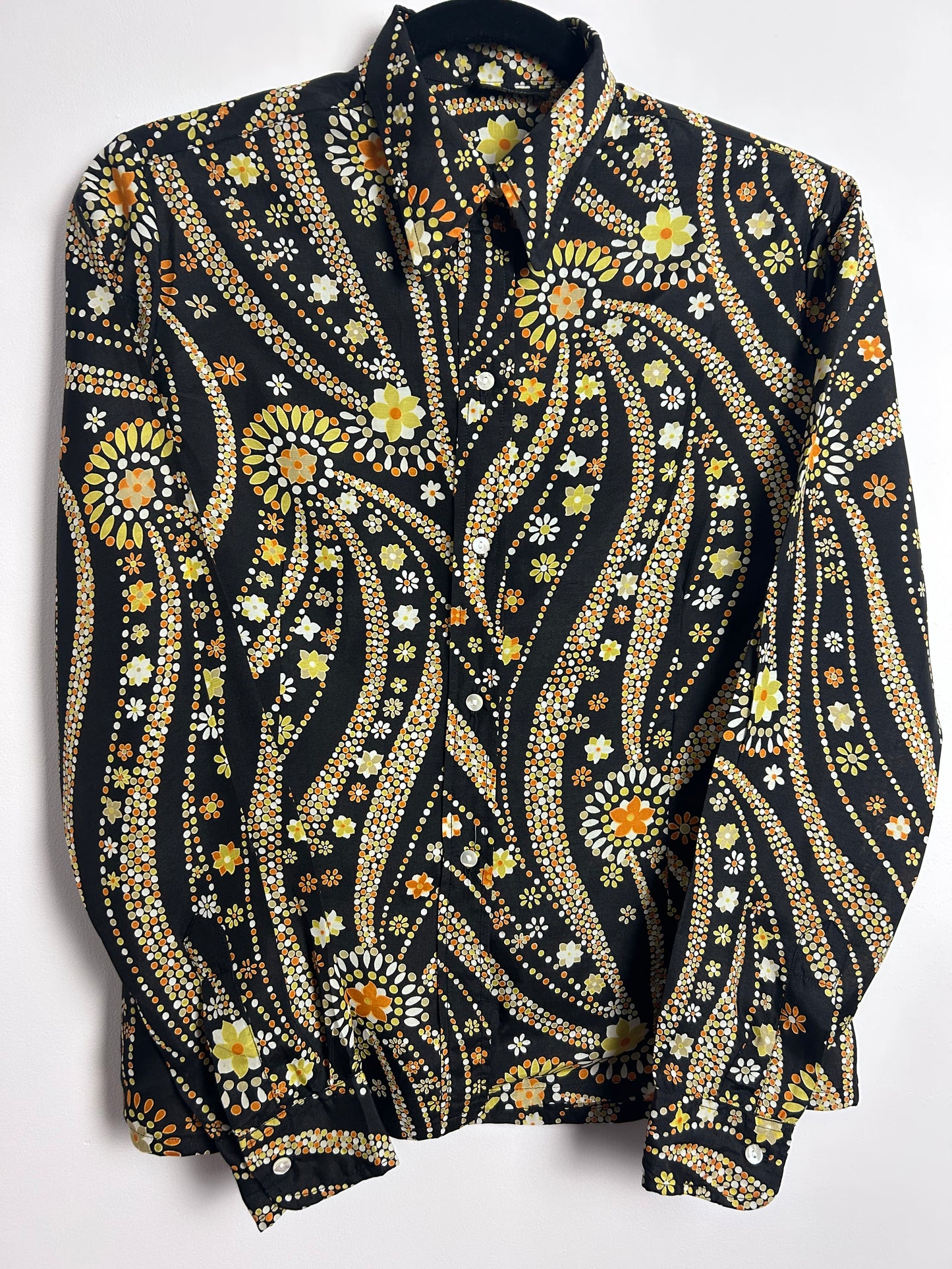 Vintage 1970s Designer FRANCK OLIVIER UK Size 10 100% SILK Black Orange Yellow & White Spot & Flower Print Long Sleeve Shirt