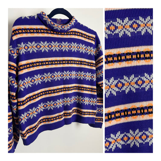 Vintage  1970s Size 12-14 Purple Orange & White Stripe & Snowflake Pattern Long Sleeve Short Length Jumper