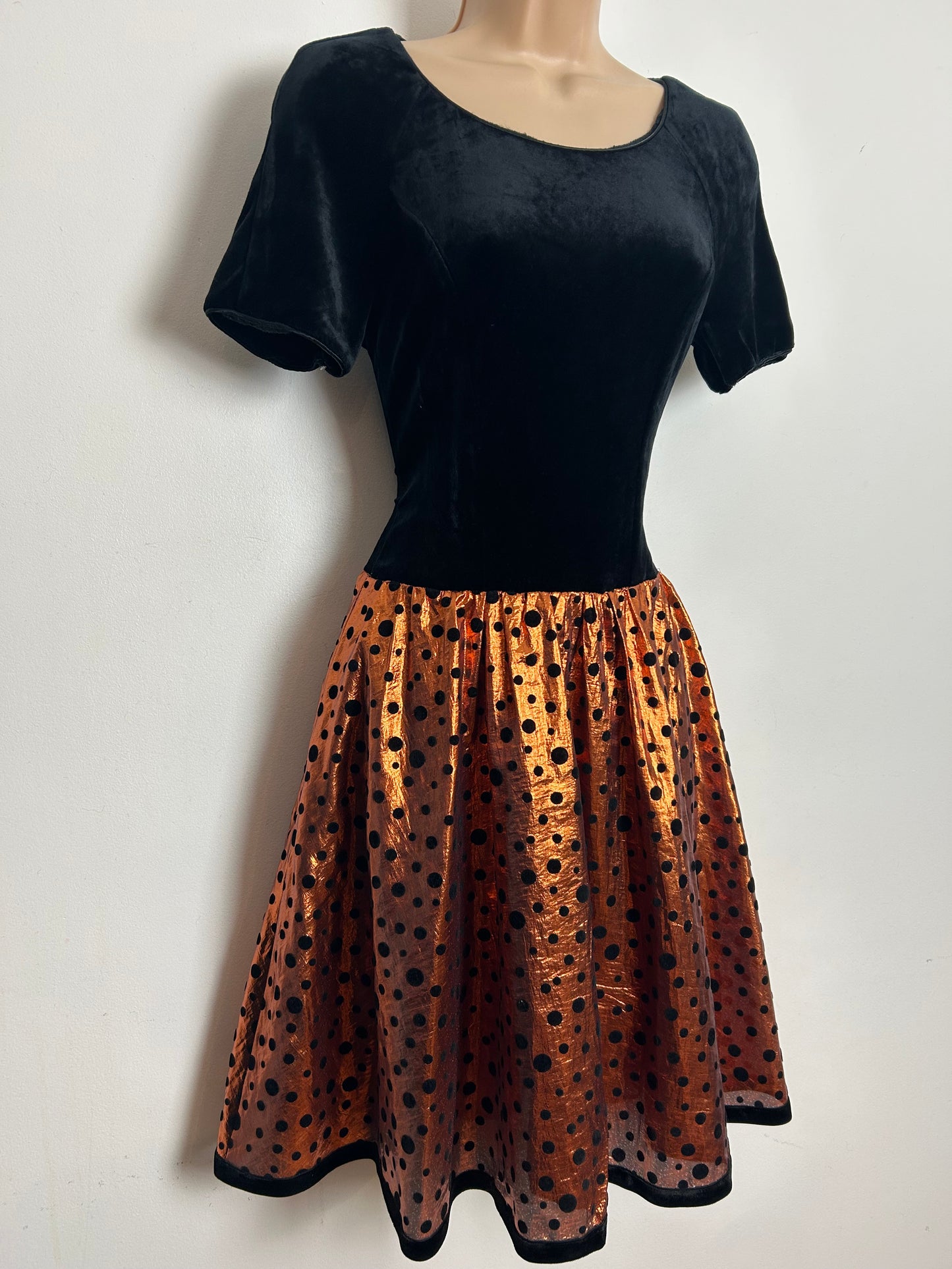 Vintage 1980s Size 10 Black & Bronze Velour & Taffeta Flock Polka Dot Party Prom Style Dress
