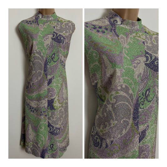 Vintage 1960s UK Size 12 Green Purple & Lilac Abstract Print Lurex Shift Mod Dress