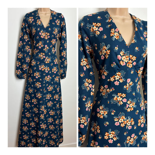 Vintage 1970s Size 12 Dark Blue Beige Pink & Rust Floral Print Long Sleeve Maxi Dress