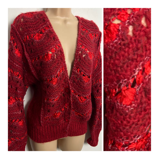 Vintage 1980s UK Size 10-12 Red Mohair & Ribbon Knit Long Sleeve Cardigan