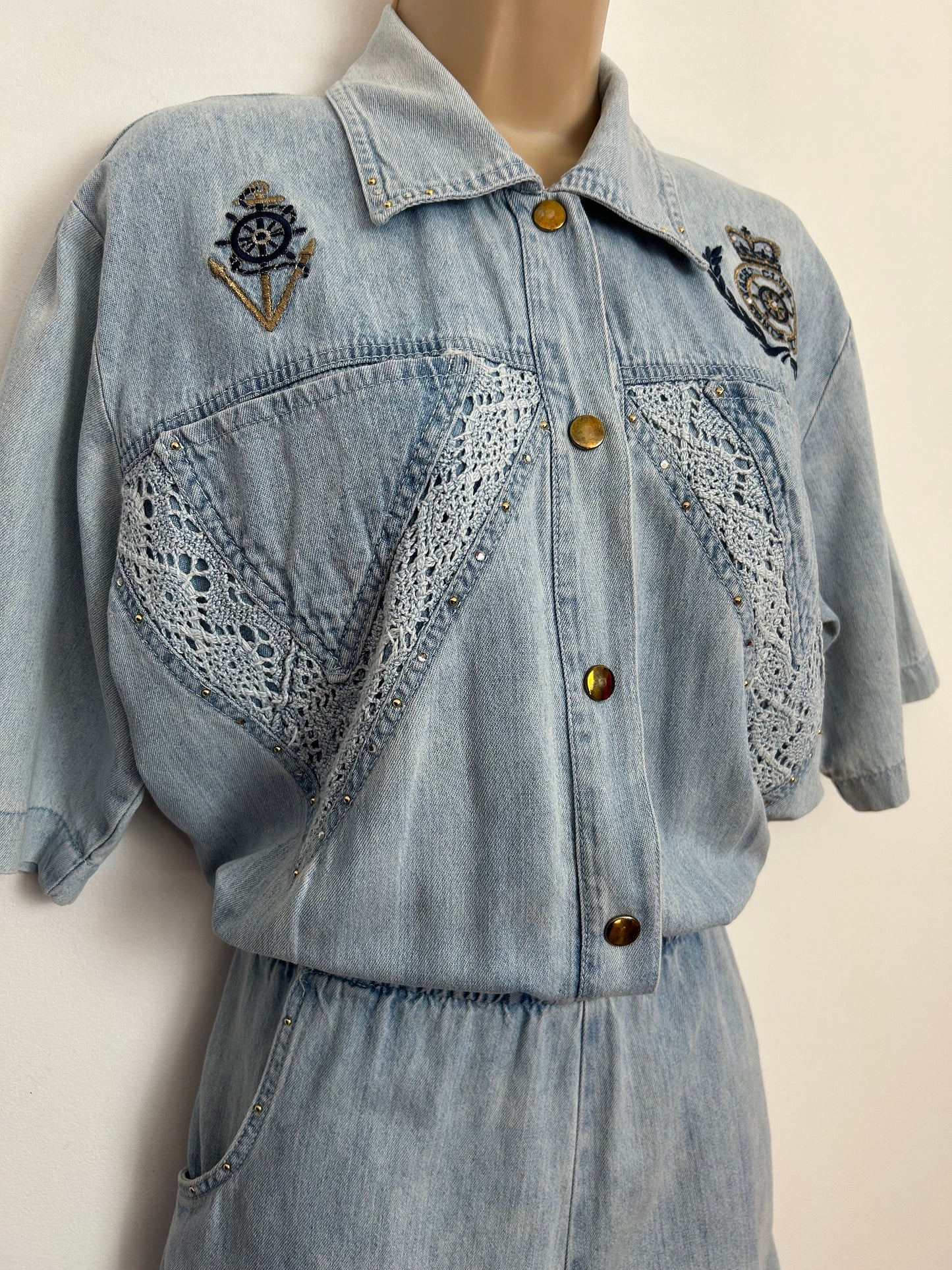 Vintage 1980s RARE ST DENIS Size 12 Pale Stonewash Denim Nautical Applique Detail Playsuit