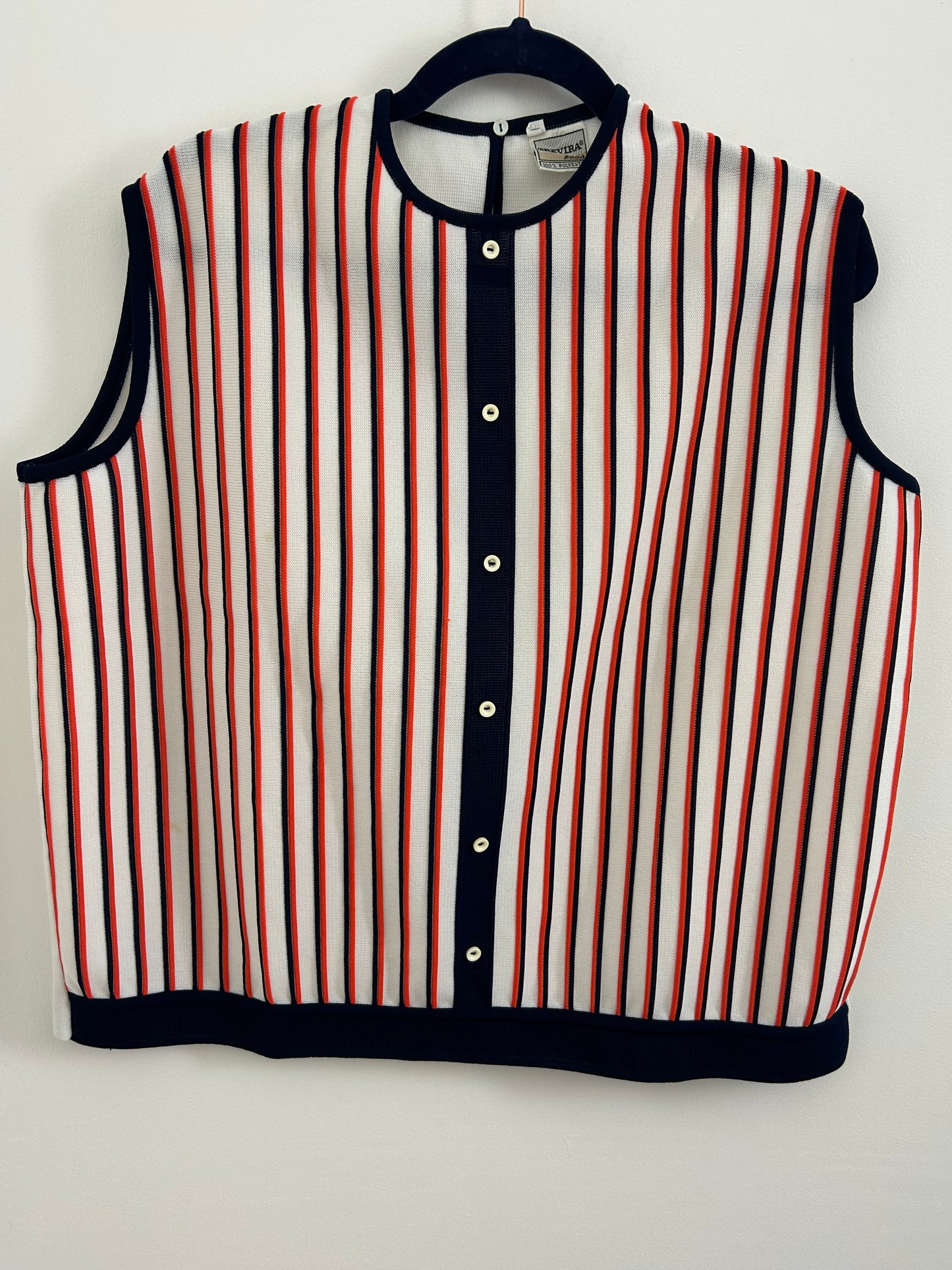 Vintage 1960s Size 16-18 White Red & Navy Blue Textured Stripe Sleeveless Mod Top