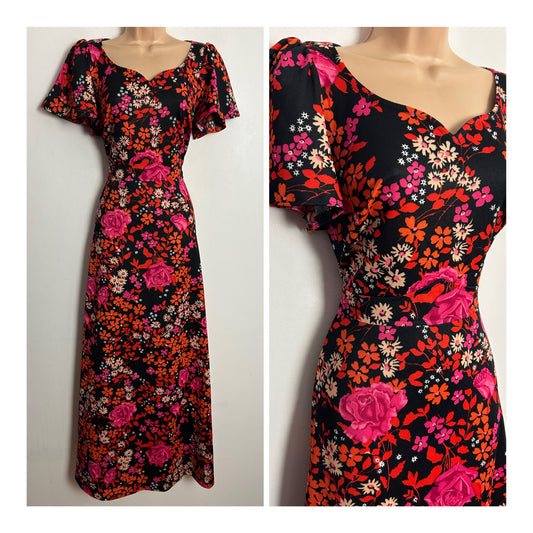 Vintage 1970s C&A UK Size 10 Pretty Black Red Orange & Pink Floral Print Short Sleeve Tie Back Maxi Dress