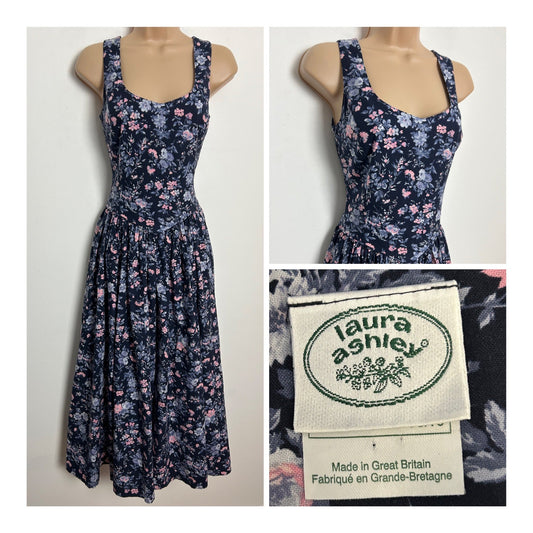 Vintage 80s LAURA ASHLEY UK Size 6 (Size 10 On Label) Navy Blue Pink & Grey Floral Cotton Midi Summer Dress
