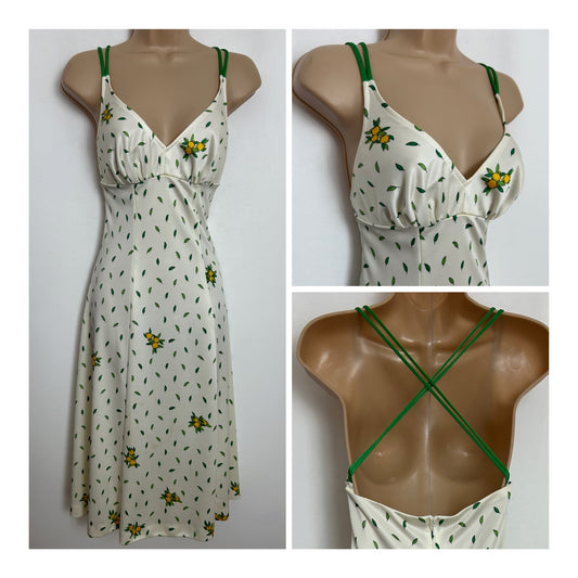 Vintage 1970s Size 6-8 White Green & Yellow Lemon & Leaf Print Double Cross Over Straps Summer Dress