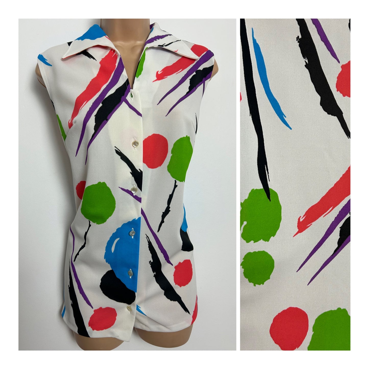 Vintage 1970s Size 10-12 White Red Blue & Green Abstract Print Sleeveless Shirt Style Top
